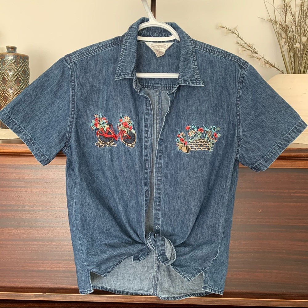 Vintage Embroidered Flower Basket Bicycle Denim Short-Sleeve Button-Front Shirt